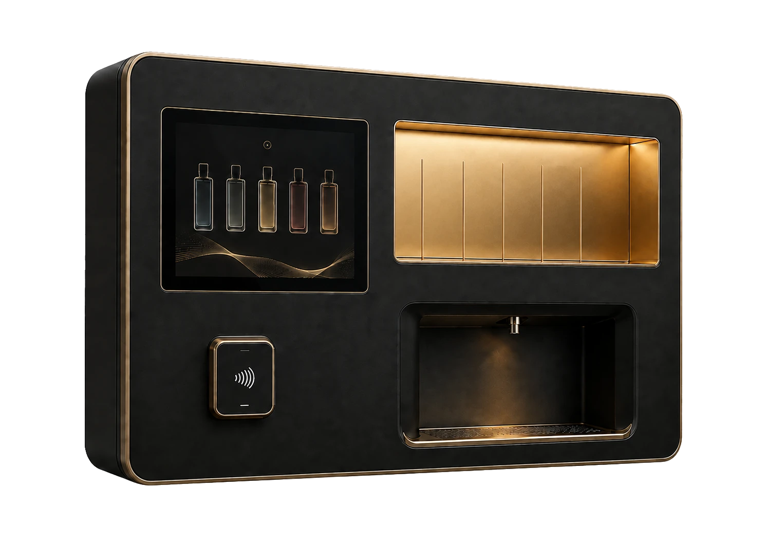 RE:SCENT fragrance machine with touchscreen, contactless terminal, five fragrance positions and measured spray alcove